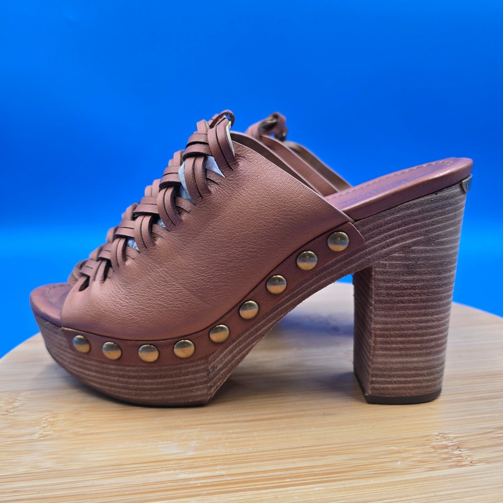 Michael Kors Woven Leather Studded Platform Clog Mules Tan Brown 7.5M PW16C - Picture 4 of 8
